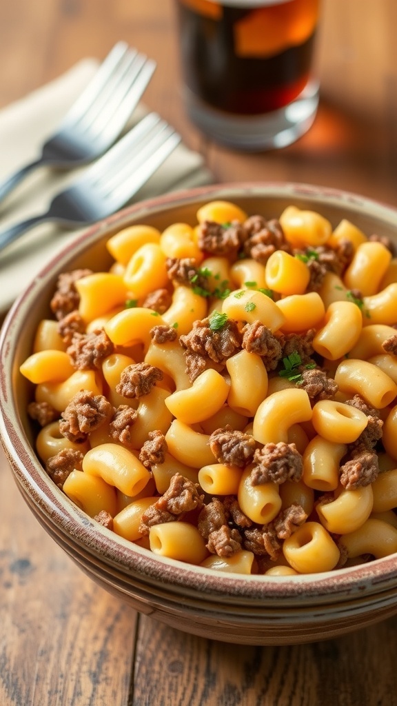 A bowl of Hamburger Helper with macaroni, ground beef, and cheese sauce, garnished with parsley on a wooden table.
